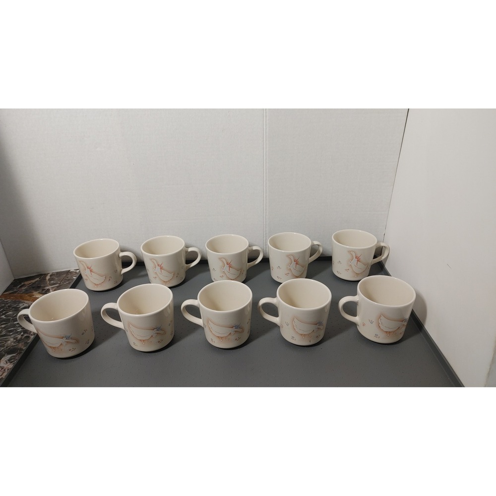 Corning Country Goose Coffee Mugs Set of 10 White Blue Pink Excellent Farmhouse